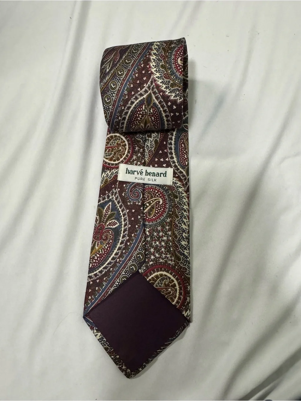 Harvé Benard Burgundy Paisley Silk Tie with Gold and Navy Accents